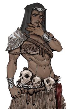 1girl abs armor bandeau black_hair black_nails closed_mouth dark-skinned_female dark_skin elden_ring fingernails highres lips muscular muscular_female nepheli_loux pauldrons short_hair shoulder_armor simple_background single_pauldron skull solo veil white_background ykshelter