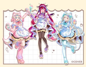 3girls :d :p alternate_costume animal_ears apron asymmetrical_wings bandaid bandaid_hair_ornament blonde_hair blue_bow blue_bowtie blue_dress blue_eyes blue_hair blue_shoes bow bowtie breasts cleavage_cutout clothing_cutout collared_dress colored_shoe_soles commentary_request copyright_name crossed_bangs crystal_wings curly_hair dog_ears dog_girl dog_tail double-parted_bangs double_halo dress footwear_bow frilled_apron frilled_thigh_strap frills full_body fuwawa_abyssgard hair_between_eyes hair_intakes hair_ornament hairclip halo heterochromia high_heels holding holding_ice_cream_cone holding_ice_cream_scoop_(utensil) hololive hololive_english horns ice_cream_cone ice_cream_scoop_(utensil) irys_(hololive) jiu_(jiwoo_owo9) leg_warmers long_hair looking_at_viewer maid medium_breasts mismatched_wings mococo_abyssgard multicolored_hair multiple_girls official_art open_mouth outline parallel_hairclips pink_bow pink_bowtie pink_dress pink_eyes pink_hair pink_leg_warmers pink_shoes pointy_ears puffy_short_sleeves puffy_sleeves purple_arm_warmers purple_bow purple_bowtie purple_dress purple_hair purple_shoes shoes short_dress short_hair short_sleeves short_twintails sidelocks smile star-shaped_pupils star_(symbol) star_halo strappy_heels streaked_hair striped_clothes striped_dress symbol-shaped_pupils tail thigh_strap thighhighs tongue tongue_out twintails vertical-striped_clothes vertical-striped_dress very_long_hair virtual_youtuber visor_cap waist_apron white_thighhighs wings wrist_cuffs x_hair_ornament