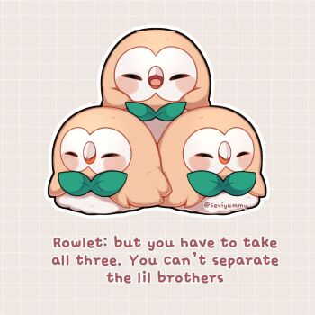 animal_focus beak bird blush closed_eyes closed_mouth english_text gen_7_pokemon nintendo no_humans open_mouth owl pokemon pokemon_(creature) pokemon_focus rowlet sevi_(seviyummy) simple_background