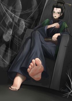 Rule 34 | 1girl, absurdres, barefoot, black hair, black lips, black myth: wukong, bug, chinese clothes, crossed legs, cyrilliar, feet, fourth sister (black myth: wukong), green eyes, hair bun, highres, long hair, looking at viewer, silk, soles, spider, spider web, throne, toes