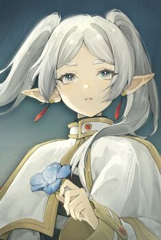 Rule 34 | 1girl, absurdres, blue background, blue eyes, blue flower, capelet, commentary request, earrings, elf, flower, frieren, hand up, highres, holding, holding flower, jewelry, long hair, long sleeves, looking at viewer, milksays, parted bangs, parted lips, pointy ears, polka dot, polka dot background, short eyebrows, solo, sousou no frieren, teardrop earrings, twintails, upper body, white capelet, white hair