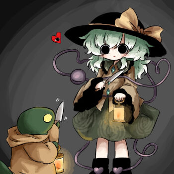 1girl black_boots black_eyes black_hat blush boots bow buttons commentary diamond_button eyeball eyes_visible_through_hair fedora final_fantasy floral_print frilled_sailor_collar frilled_shirt_collar frilled_sleeves frills green_hair green_skirt grey_background hat hat_bow heart heart_of_string heripantomorrow holding holding_knife holding_lantern knife komeiji_koishi lantern long_sleeves looking_at_another medium_hair open_mouth sailor_collar shirt skirt third_eye tonberry touhou wide_sleeves yellow_bow yellow_shirt