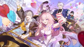 3boys 3girls absurdres ahoge amusement_park balloon beret black_coat black_hair blue_jacket blue_sky breasts caelus_(honkai:_star_rail) castorice_(honkai:_star_rail) cleavage coat commentary cyrene_(honkai:_star_rail) cyrene_(ripples_of_past_reverie)_(honkai:_star_rail) dan_heng_(honkai:_star_rail) english_commentary eyewear_hang ferris_wheel grey_hair hat headphones heart_balloon highres holding holding_phone honkai:_star_rail honkai_(series) jacket long_hair march_7th_(honkai:_star_rail) multiple_boys multiple_girls phainon_(honkai:_star_rail) phainon_(luckin_coffee)_(honkai:_star_rail) phone pink_hair purple_eyes purple_hair revision roller_coaster selfie short_hair sky toriumu trailblazer_(honkai:_star_rail) twitter_username unworn_eyewear v very_long_hair white_hair white_hood