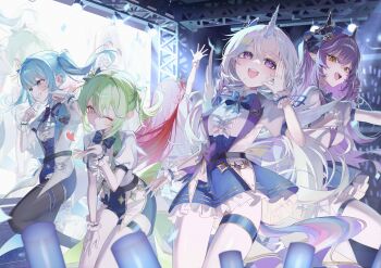 5girls absurdres akane_lize arahashi_tabi arm_up ayatsuno_yuni black_pantyhose blowing_kiss blue_bow blue_bowtie blue_eyes blue_hair blue_shorts blue_skirt blush bow bowtie center_frills commentary diamond-shaped_pupils diamond_(shape) english_commentary frills green_hair grey_hair highres idol index_finger_raised long_hair looking_at_viewer may.l multiple_girls one_eye_closed open_mouth pantyhose pointing pointing_at_self pointy_ears puckered_lips puffy_short_sleeves puffy_sleeves purple_eyes purple_hair sakihane_huya shirt short_sleeves shorts sidelocks skirt stage stellive symbol-shaped_pupils thigh_strap thighs two_side_up unicorn_horn very_long_hair virtual_youtuber white_pantyhose white_shirt wrist_cuffs yellow_eyes yuzuha_riko