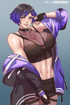 1girl abs artist_name bare_shoulders belt_collar black_and_purple_hair collar commentary cowboy_shot english_commentary fingerless_gloves gloves highres midriff model multicolored_hair namco navel purple_eyes red_lips reina_(tekken) see-through_clothes see-through_shirt shirt short_shorts shorts simple_background smile sweaty_moza teeth tekken tekken_8