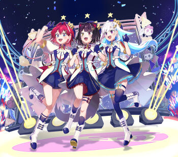 3girls :d absurdres ange_katrina animal_ears animal_hair_ornament ankle_boots arm_up banken_(inui_toko) beret blue_eyes blue_gloves blue_hair blue_hat blue_ribbon blue_shorts blue_skirt blue_socks blue_thighhighs blush boots braid breasts brown_hair brown_tail colored_inner_hair colored_shoe_soles commentary_request company_logo confetti contrast_lapels crown_hat_ornament dog_ears dog_girl dog_tail double-parted_bangs fangs floating_hair frilled_skirt frills gloves glowstick hair_behind_ear hair_intakes hair_ornament half_gloves hands_up hat heterochromia high_heel_boots high_heels highres holding_hands idol_clothes inui_toko jacket jumping lapels leg_ribbon leg_up legwear_garter light_particles lize_helesta long_hair looking_ahead low_twin_braids medium_hair miniskirt multicolored_eyes multicolored_hair multiple_girls multiple_thigh_straps nagamine_ao neck_ribbon nijisanji open_mouth outline penlight_(glowstick) pink_eyes pleated_skirt puffy_short_sleeves puffy_sleeves purple_ribbon red_eyes red_hair red_ribbon ribbon sanbaka_(nijisanji) sanbaka_anniversary_outfit sebastian_piyodore shadow short_sleeves shorts side-by-side side_braid single_wrist_cuff skirt small_breasts smile socks sparkle stage stage_lights star_(symbol) streaked_hair tail tassel teeth thigh_strap thighhighs triangle_hair_ornament truss twin_braids two-tone_eyes two-tone_hair upper_teeth_only very_long_hair virtual_youtuber white_boots white_hair white_jacket white_outline white_wrist_cuffs wrist_cuffs wrist_ribbon yellow_eyes zettai_ryouiki