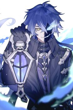 1boy arm_up black_capelet black_coat blue_hair capelet coat commentary_request crossed_bangs double-parted_bangs flins_(genshin_impact) floating_hair genshin_impact grin holding holding_lantern lantern long_hair long_sleeves looking_at_viewer male_focus sleeve_cuffs smile solo susukeya upper_body very_long_hair white_background yellow_eyes