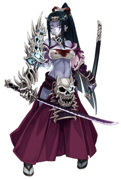 1girl aura black_hair blood blood_stain blue_fire blue_skin blush bone breasts closed_mouth clothing_cutout colored_skin energy female_focus fire frown full_body ghost_ball glowing glowing_eye hair_ribbon hakama hakama_short_skirt hakama_skirt highres hip_vent holding holding_sword holding_weapon japanese_clothes katana kenkou_cross large_breasts long_hair looking_at_viewer magic monster_girl monster_girl_encyclopedia monster_girl_encyclopedia_ii navel ochimusha_(monster_girl_encyclopedia) official_art ponytail revealing_clothes ribbon samurai scabbard sheath simple_background skeletal_arm skirt skull solo sword teeth toned toned_female undead unsheathed weapon white_background yellow_eyes