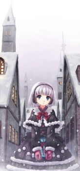 1girl blue_eyes capelet dress earmuffs female_focus gift long_image mantelet original outdoors silver_hair sky snow solo tall_image yakka