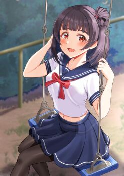 1girl absurdres aged_up arms_up black_hair black_pantyhose blue_sailor_collar blue_skirt blush bow bowtie collarbone commentary_request crop_top cropped_shirt from_above hair_tie highres idolmaster idolmaster_million_live! looking_at_viewer looking_up medium_hair midriff nakatani_iku navel on_swing one_side_up open_mouth pantyhose pleated_skirt red_bow red_bowtie red_eyes sailor_collar school_uniform serafuku short_sleeves skirt smile solo summer_uniform swing tanukiinu005