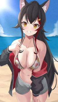 1girl absurdres animal_ear_fluff animal_ears beach bikini black_hair black_jacket blue_sky blush breasts cleavage cloud collarbone commentary_request cowboy_shot day grey_shorts grin hair_ornament highres hololive jacket jacket_partially_removed large_breasts leaf_print long_hair long_sleeves looking_at_viewer maple_leaf_print multicolored_bikini multicolored_hair navel ocean ookami_mio open_clothes outdoors print_bikini ramkilog red_streaks short_shorts shorts sky smile solo streaked_hair swimsuit tail virtual_youtuber wolf_ears wolf_girl yellow_eyes