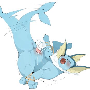 1girl afterimage animal_sexualization bdsm blush bondage bound closed_eyes fang female_ejaculation from_side gen_1_pokemon highres lying motion_lines nintendo no_humans on_back open_mouth pokemon pokemon_(creature) pokemon_focus pokephilia pussy pussy_juice saliva sex_toy solo struggling sweat tail tail_raised tail_wagging tearing_up uncensored vaginal vaporeon vibrator white_background youjo_modoki