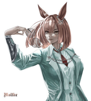 Rule 34 | 1girl, absurdres, animal ears, breasts, brown hair, closed mouth, ear ornament, glasses, highres, holding, holding removed eyewear, horse ears, horse girl, ikuno dictus (umamusume), jacket, long hair, long sleeves, looking at viewer, moltke (moltke von), multicolored hair, necktie, open clothes, open jacket, red necktie, round eyewear, shirt, simple background, smile, solo, umamusume, unworn eyewear, upper body, vest, white background, white jacket, white shirt, white vest