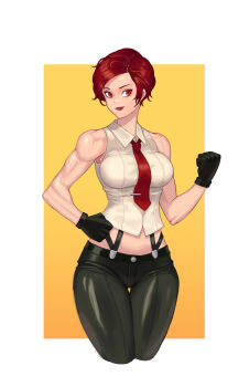 1girl breasts bubuzela female_focus formal_clothes gloves highres large_breasts leather pale_skin pants red_eyes red_hair shane_park shirt short_hair smile standing the_king_of_fighters thick_thighs thighs tight_clothes tight_shirt vanessa_(kof) white_shirt wide_hips