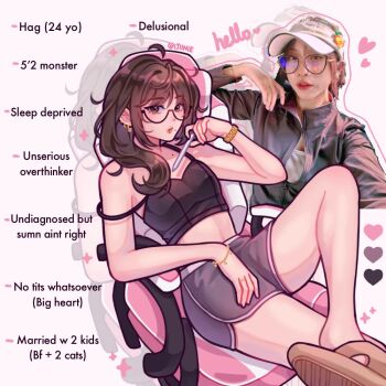 1girl ahoge bare_arms bare_legs bare_shoulders black-framed_eyewear black_camisole bracelet breasts brown_eyes brown_hair brown_slippers camisole chair character_age character_name commentary covered_erect_nipples detached_ahoge dolphin_shorts ear_piercing earrings english_commentary english_text face_piercing foot_out_of_frame gaming_chair glasses gold_bracelet gold_earrings grey_shorts hair_over_shoulder hand_up heart holding holding_stylus ijiinie jewelry knee_up lips long_hair looking_at_viewer midriff mole mole_on_chest mole_under_mouth mouth_piercing piercing pink_background real_life real_life_insert round_eyewear semi-rimless_eyewear short_shorts shorts simple_background sitting slippers small_breasts solo sparkle strap_slip stylus swept_bangs swivel_chair twitter_username zoom_layer