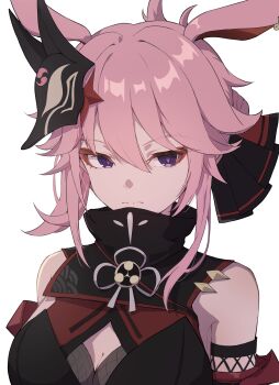 1girl absurdres animal_ears black_dress breasts cleavage_cutout clothing_cutout dress fox_ears fox_girl fox_mask highres honkai_(series) honkai_impact_3rd japanese_clothes large_breasts mask mask_on_head medium_hair pink_hair purple_eyes simple_background solo torein_(and_rain3) upper_body white_background yae_kasumi yae_sakura