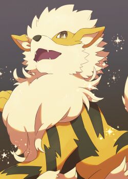 Rule 34 | alternate color, arcanine, bright pupils, commentary request, fangs, gen 1 pokemon, gradient background, highres, kechon-san, nintendo, no humans, open mouth, pokemon, pokemon (creature), shiny pokemon, solo, sparkle, star (symbol), white pupils, yellow eyes