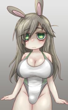 1futa absurdres animal_ears bags_under_eyes bare_shoulders blonde_hair breasts bulge cleavage closed_mouth collarbone expressionless eyes_visible_through_hair futanari gradient_background green_eyes hair_over_one_eye highres huge_breasts long_hair looking_at_viewer mentha_(menthalovely) one-piece_swimsuit original petite rabbit_ears solo swimsuit thighs