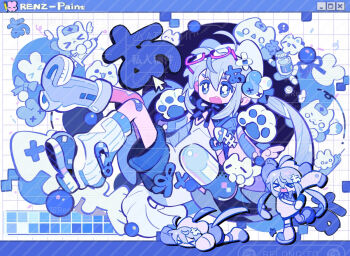 Rule 34 | 1girl, ahoge, animal hands, bandaid, bandaid hair ornament, blue theme, boots, boutonniere, chibi, chibi inset, colored eyelashes, commission, fang, fish skeleton, full body, hair between eyes, hair ornament, hat, jacket, jewelry, long sidelocks, long sleeves, looking afar, mihuashi commission, open mouth, original, pill, renzhi00334233, sidelocks, single leg warmer, solo focus, too many watermarks, tripping, unworn eyewear, watermark