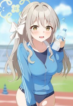 1girl black_buruma blue_archive blue_jacket blue_sky blurry blurry_background blush bottle bow breasts brown_eyes brown_hair buruma cloud collarbone day green_halo hair_bow halo highres holding holding_bottle itaba_atsushi jacket large_breasts long_hair looking_at_viewer miyo_(blue_archive) mole mole_under_mouth open_mouth outdoors plastic_bottle sky solo track_and_field water_bottle white_bow