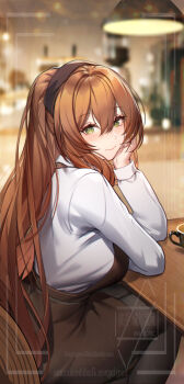 1girl absurdres apron arm_on_table arm_rest bilibili_username black_pantyhose blurry blush border breasts brown_apron brown_hair cafe ceiling_light chair chinese_commentary closed_mouth coffee coffee_mug commentary_request cup elbow_rest from_side girls'_frontline girls'_frontline_2:_exilium green_eyes hair_between_eyes hand_on_own_cheek hand_on_own_face highres indoors large_breasts long_hair long_sleeves looking_at_viewer mug on_chair pantyhose q18607 shirt sidelocks sitting smile solo springfield_(girls'_frontline) springfield_(girls'_frontline_2) table thighs turning_head very_long_hair watermark white_shirt wooden_table