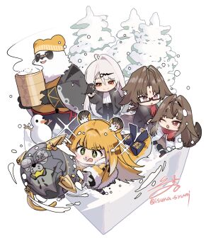 2boys 3girls alternate_costume animal_ears animal_hat bird brown_hair chibi commentary droopy_ears fox_boy fox_ears fox_girl furry furry_male glasses gloves green_eyes hat highres isuka ju_fufu multiple_boys multiple_girls orange_hair outdoors pan_yinhu panda pants red_eyes scarf snowing snowman sweater symbol-only_commentary tiger_ears tiger_girl white_hair winter_clothes ye_shiyuan ye_shunguang yellow_eyes yixuan_(zenless_zone_zero) zenless_zone_zero