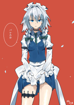 1girl absurdres apron arm_belt artist_name back_bow black_choker blue_eyes blue_skirt blue_vest bow braid breasts choker collared_shirt commentary_request gloves green_bow green_necktie grey_hair hair_bow highres holster izayoi_sakuya kakaricho_dairi knife long_hair long_sleeves looking_at_viewer maid maid_headdress necktie orange_background sheath sheathed shirt skirt skirt_hold solo speech_bubble thigh_holster thigh_strap touhou translation_request twin_braids vest waist_apron white_apron white_bow white_gloves white_shirt