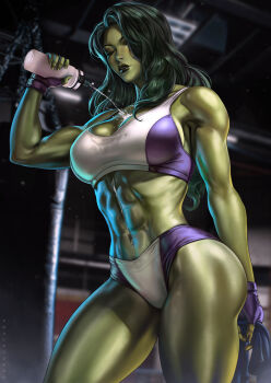 1girl abs arm_behind_back artist_name biceps black_lips blurry blurry_background bottle breasts closed_eyes colored_skin dandon_fuga female_focus fingerless_gloves gloves green_hair green_skin gym highres holding holding_bottle large_breasts long_hair marvel muscular muscular_female navel pouring pouring_onto_self punching_bag she-hulk solo sports_bra sportswear standing stomach thermos thick_thighs thighs toned two-tone_sports_bra water wavy_hair wet wet_clothes