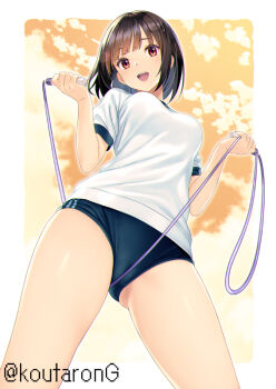 1girl ass black_buruma black_hair blush breasts brown_eyes buruma commentary_request cowboy_shot from_below gym_shirt gym_uniform holding holding_jump_rope jump_rope koutaro looking_at_viewer medium_breasts open_mouth original shirt short_hair short_sleeves smile solo thighs twitter_username white_shirt