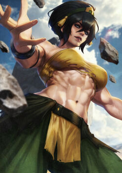 1girl abs absurdres armlet avatar:_aang_the_last_airbender avatar_legends black_hair blind bracelet breasts element_bending floating_rock geokinesis green_hairband hair_bun hairband highres jewelry large_breasts lens_flare monori_rogue muscular muscular_female navel parted_lips single_hair_bun solo stomach toph_beifong torn_clothes