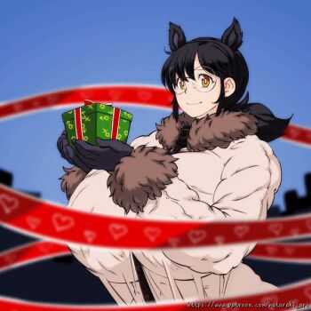 1futa 1girl animal_ears animated animated_gif artist_name black_hair blurry blurry_background blurry_foreground blush bouncing_breasts breasts brown_hair censored christmas christmas_present cum ejaculation erection futanari gift gift_bag gigantic_breasts gigantic_penis glasses gloves hat hataraki_ari holding holding_gift jiggle junko_(hataraki) large_breasts limon long_hair looking_at_penis navel no_bra nude open_mouth original pasties penis penis_awe ponytail santa_hat size_difference smile sparkling_eyes standing star_(symbol) star_pasties