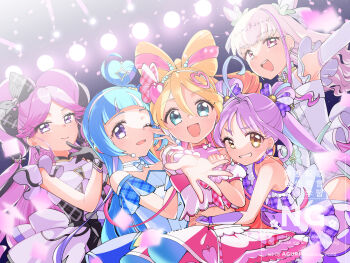 Rule 34 | 5girls, aguri (aaa guwo), ahoge, aokaze nana, arm up, armpits, bare shoulders, blonde hair, blue bow, blue dress, blue eyes, blue hair, blush, bow, bracelet, braid, breasts, bridal gauntlets, choker, commentary request, cure idol, cure kiss, cure kyunkyun, cure wink, cure zukyuun, detached sleeves, double-parted bangs, dress, earrings, elbow gloves, eyelashes, frilled dress, frilled sleeves, frills, gloves, gradient hair, hair between eyes, hair bow, hair ornament, hair ribbon, hairband, happy, headset, heart, heart-shaped lock, heart hair ornament, jewelry, kimi to idol precure, long hair, looking at viewer, magical girl, medium breasts, meroron (precure), midriff, multicolored hair, multiple earrings, multiple girls, multiple hair bows, musical note, one eye closed, one side up, open mouth, overskirt, parted bangs, pearl earrings, pink dress, pink hair, pink streaks, plaid bow, plaid clothes, plaid skirt, ponytail, precure, purirun (precure), purple bridal gauntlets, purple choker, purple eyes, purple hair, purple overskirt, purple skirt, purple streaks, reaching, reaching towards viewer, ribbon, sakura uta (precure), shigure kokoro, short sleeves, sidelocks, single bare shoulder, skirt, skirt bow, sleeveless, sleeveless dress, smile, strapless, strapless dress, streaked hair, symbol-shaped pupils, tanaka meron, tanaka purin, teardrop earrings, twin braids, twintails, two-tone hair, very long hair, watermark, wavy hair, white dress, white hairband, white sleeves, yellow eyes