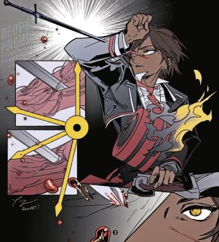 1girl 1other arm_up black_jacket blood brown_hair clock clock_hands commentary cropped_jacket dante_(limbus_company) exposed_muscle flaming_head jacket limbus_company object_head orange_eyes outis_(project_moon) project_moon protecting regeneration stab sword tama_launcher weapon