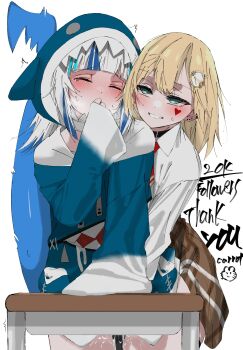 2girls animal_costume animal_hood artist_name black_choker black_thighhighs blonde_hair blue_eyes blue_hair blue_hoodie blunt_bangs blush bob_cut brown_skirt carrot_011 choker closed_eyes collared_shirt commentary cowboy_shot desk detective ear_piercing earrings english_commentary english_text fingering fins fish_tail gawr_gura grey_hair grin hair_ornament high-waist_skirt highres hololive hololive_english hood hoodie implied_fingering jewelry long_hair long_sleeves medium_hair miniskirt multicolored_hair multiple_earrings multiple_girls naughty_face necktie no_pants piercing plaid_clothes plaid_skirt pleated_skirt pussy_juice red_necktie shark_costume shark_girl shark_hood shark_tail shirt short_necktie signature simple_background skirt sleeves_past_wrists smile streaked_hair tail tearing_up thank_you thigh_gap thighhighs virtual_youtuber watson_amelia white_background white_shirt wide_sleeves yuri