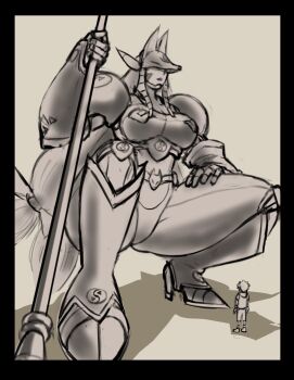 Rule 34 | 1boy, 1girl, armor, breasts, digimon, digimon (creature), digimon tamers, fox mask, giant, giantess, high heels, highres, large breasts, long hair, mas square, mask, matsuda takato, sakuyamon, size difference, squatting, thick thighs, thighs