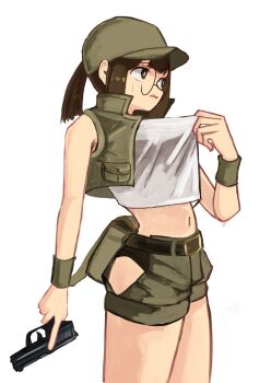 1girl belt brown_eyes brown_hair crop_top field_cap fio_germi glasses gun hat highres metal_slug military ponytail round_eyewear shorts solo sweat tikuwabu_33 weapon white_background