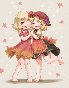 2girls aki_minoriko aki_shizuha apron arinu barefoot beige_background black_ribbon black_skirt blonde_hair blush choker dress emphasis_lines closed_eyes food fruit full_body grapes hair_ornament hat highres holding_hands leaf leaf_hair_ornament looking_at_viewer maple_leaf mob_cap multiple_girls one_eye_closed open_mouth orange_eyes painttool_sai_(medium) red_apron red_dress red_headwear ribbon ribbon_choker short_sleeves siblings sisters skirt smile standing touhou