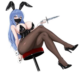 1girl animal_ear_hairband animal_ears black_bow black_bowtie black_leotard black_mask black_shoes blue_eyes blue_hair bow bowtie breasts card commentary commission crossed_legs detached_collar english_commentary evil_rat fake_animal_ears fukuchi_reimi_(lmasayoshi) hairband high_heels highres holding holding_card holding_knife knife large_breasts leotard long_hair mask mouth_mask original pantyhose playboy_bunny playing_card rabbit_ear_hairband rabbit_ears shoes sitting solo white_wrist_cuffs wrist_cuffs