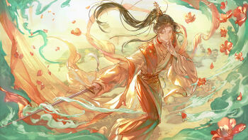 1boy above_clouds architecture brown_hair building chinese_clothes cityscape closed_mouth cloud commentary cowboy_shot earrings east_asian_architecture english_commentary falling_petals flower forehead_jewel hagoromo hand_on_own_face hanfu high_ponytail highres holding holding_sword holding_weapon huadian jewelry jian_(weapon) kkcoocool long_hair long_sleeves looking_to_the_side male_focus necklace o-ring orange_eyes orange_hanfu petals ponytail red_flower sash shawl smile smoke solo sword tassel tassel_earrings tianguan_cifu weapon wide_sleeves wuxia xiao_guan_(headdress) xie_lian xie_lian_(flower_crowned_martial_god) yaopei