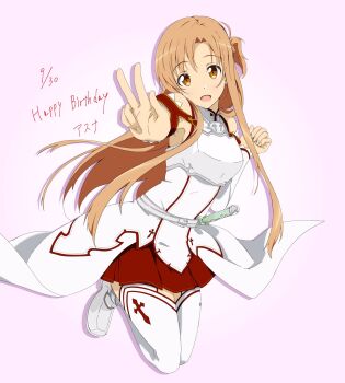Rule 34 | 1girl, :d, ankle boots, armor, armpit peek, asagi501, asuna (sao), bare shoulders, birthday date, boots, braid, breasts, brown hair, commentary request, dress, english text, floating, full body, grey trim, half up half down braid, hands up, happy birthday, highres, knights of blood uniform (sao), lambent light, long dress, long hair, long sleeves, looking at viewer, medium breasts, miniskirt, open mouth, outstretched arm, parted bangs, pleated skirt, red skirt, red trim, sheath, sheathed, skirt, sleeveless, sleeveless dress, smile, solo, straight hair, sword art online, thighhighs, translation request, turtleneck, turtleneck dress, v, white armor, white boots, white dress, white sleeves, white thighhighs, zettai ryouiki