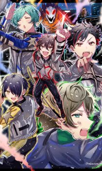 5boys ahoge arm_up black_hair black_pants blue_hair brown_eyes chain clenched_hand closed_eyes commentary_request ensemble_stars! green_eyes hair_between_eyes hair_over_one_eye heart highres index_finger_raised jacket long_sleeves male_focus morisawa_chiaki multicolored_hair multiple_boys nagumo_tetora nervous_sweating one_eye_covered open_clothes open_jacket open_mouth outstretched_hand pants parted_bangs red_hair ryuuseitai_(ensemble_stars!) sengoku_shinobu shinkai_kanata short_hair sparkle star_(symbol) streaked_hair sweat takamine_midori takeda_(mdca4649) teeth twitter_username two-tone_hair upper_teeth_only variant_set yellow_eyes