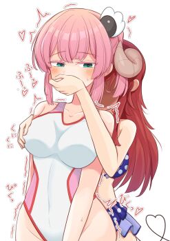 2girls ame_(no_hi_no)_mori bikini bikini_skirt blush breasts brown_hair chiyoda_momo covering_another&#039;s_mouth demon_girl demon_horns demon_tail grabbing_another&#039;s_breast grabbing_from_behind green_eyes groping hair_ornament hand_over_another&#039;s_mouth highres horns large_breasts long_hair machikado_mazoku multiple_girls one-piece_swimsuit pink_hair polka_dot polka_dot_bikini short_hair simple_background sweat swimsuit tail trembling white_background yoshida_yuuko yuri