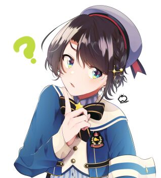 Rule 34 | 1girl, ?, absurdres, armband, artist name, black bow, black bowtie, blue eyes, blue jacket, bow, bowtie, braid, brooch, brown hair, buttons, cropped jacket, emutakanoe, finger to own chin, grey hat, grey shirt, hair ornament, hairclip, hat, highres, hololive, index finger raised, jacket, jewelry, long sleeves, official alternate costume, oozora subaru, oozora subaru (suspenders), open mouth, pinstripe pattern, pinstripe shirt, sailor collar, sailor hat, shirt, short hair, side braid, signature, simple background, sleeve cuffs, solo, star (symbol), star brooch, star hair ornament, swept bangs, upper body, virtual youtuber, white background, white sailor collar