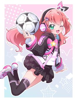 Rule 34 | 1girl, absurdres, ahoge, aqua eyes, aqua jacket, ball, black choker, black jacket, black shirt, black skirt, black socks, border, bow, choker, copyright notice, hair between eyes, hair bow, hair ornament, headphones, highres, hikari riria, holding, holding ball, indie virtual youtuber, jacket, jacket bow, kneehighs, long hair, looking at viewer, multicolored jacket, multicolored shirt, multicolored shoes, multicolored socks, multicolored thighhighs, official art, ohana (5156yumeme), one eye closed, open clothes, open jacket, open mouth, outside border, pink bow, pink hair, pink jacket, pink shirt, pink shoes, pink socks, print shirt, shirt, shoes, single kneehigh, single sock, single thighhigh, skirt, soccer ball, socks, solo, star (symbol), thighhighs, virtual youtuber, white border, white jacket, white shirt, white shoes