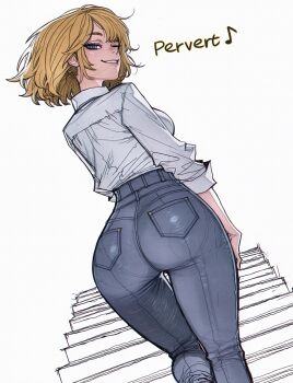 1girl absurdres ass ass_focus blonde_hair blue_eyes blunt_bangs bob_cut breasts commentary denim english_commentary english_text highres hololive hololive_english jeans looking_at_viewer orangtheman pants shirt short_hair simple_background sleeves_rolled_up smile smirk solo virtual_youtuber watson_amelia white_shirt
