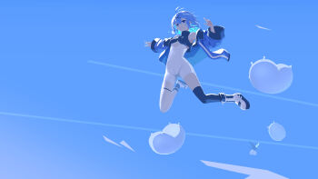 1girl absurdres antenna_hair black_thighhighs blue_eyes blue_hair bodysuit crop_top hair_between_eyes hair_ornament highres jacket jumping looking_at_viewer namako_(namacotan) open_clothes open_jacket original short_hair single_thighhigh solo thighhighs white_bodysuit x_hair_ornament