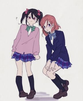 Rule 34 | 2girls, ?, bent over, black hair, blue bow, bow, brown shoes, closed mouth, commentary request, green bow, hair bow, hands on own knees, highres, light blush, love live!, love live! school idol project, multiple girls, nishikino maki, open mouth, otonokizaka school uniform, pink sweater, purple eyes, red eyes, red hair, school uniform, shoes, short hair, short twintails, sweater, twintails, white background, yazawa3921, yazawa nico, yuri