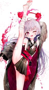 1girl ;d a1u absurdres bandaged_leg bandages bell black_kimono blue_archive breasts commentary gauze gauze_on_cheek grey_hair halo highres japanese_clothes jingle_bell kimono leg_up long_hair one_eye_closed open_mouth pink_eyes pointy_ears red_halo revision shuro_(blue_archive) sideless_outfit simple_background small_breasts smile solo split standing standing_on_one_leg standing_split teeth upper_teeth_only white_background