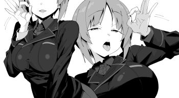 1girl breasts commentary_request fellatio_gesture girls_und_panzer greyscale henyaan_(oreizm) highres large_breasts long_sleeves looking_at_viewer military_uniform monochrome multiple_views naughty_face nishizumi_miho ooarai_military_uniform open_mouth short_hair simple_background tongue tongue_out white_background