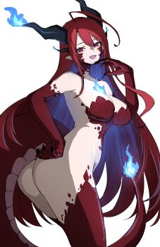 black_nails blue_fire bra breasts daydarion dragon_girl dragon_horns dragon_tail elbow_gloves elizabeth_rose_bloodflame fingernails fire gloves hand_on_own_hip highres hololive hololive_english horns large_breasts long_hair open_mouth red_bra red_eyes red_gloves red_hair red_scales red_thighhighs scales sharp_fingernails straight_hair tail thighhighs underwear virtual_youtuber white_background
